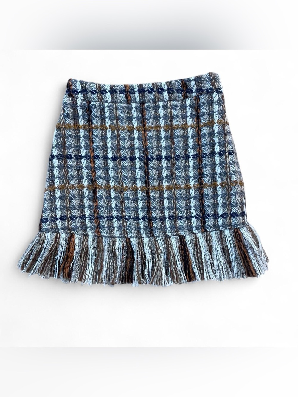 Aura Wool Blend Plaid Tweed Mini Skirt Women’s XS Blue Brown White